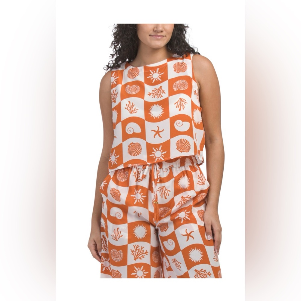 True Destination Printed Silky Crepe Top Orange & White Beach Coastal- Large